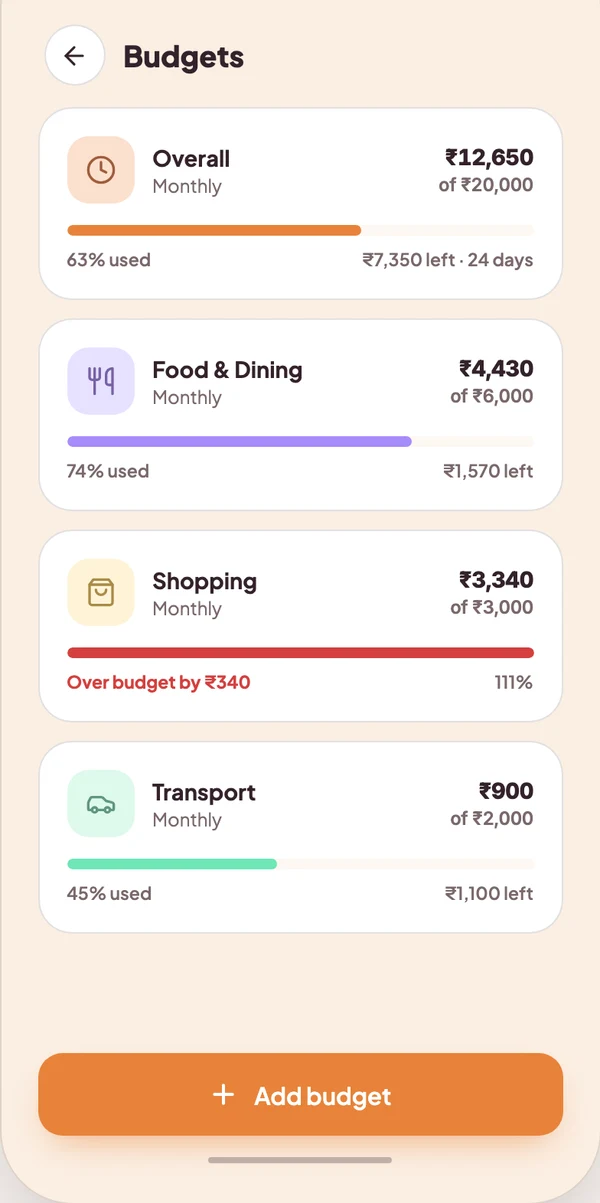 Vynko monthly budget screen showing spent versus planned progress bars