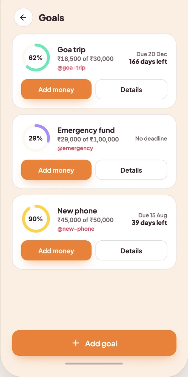 Vynko savings goals screen with target amounts and progress rings