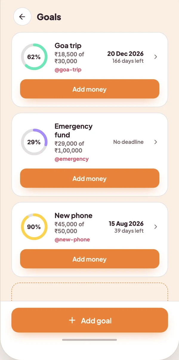 Vynko savings goals screen with target amounts and progress rings