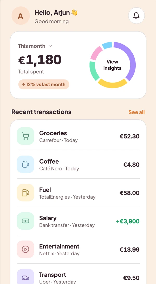 The same Vynko home screen in euros