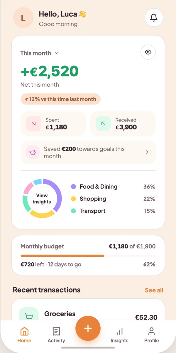 The same Vynko home screen in euros