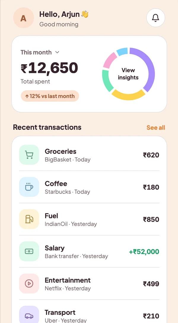 Vynko home screen showing this month's spending in Indian rupees