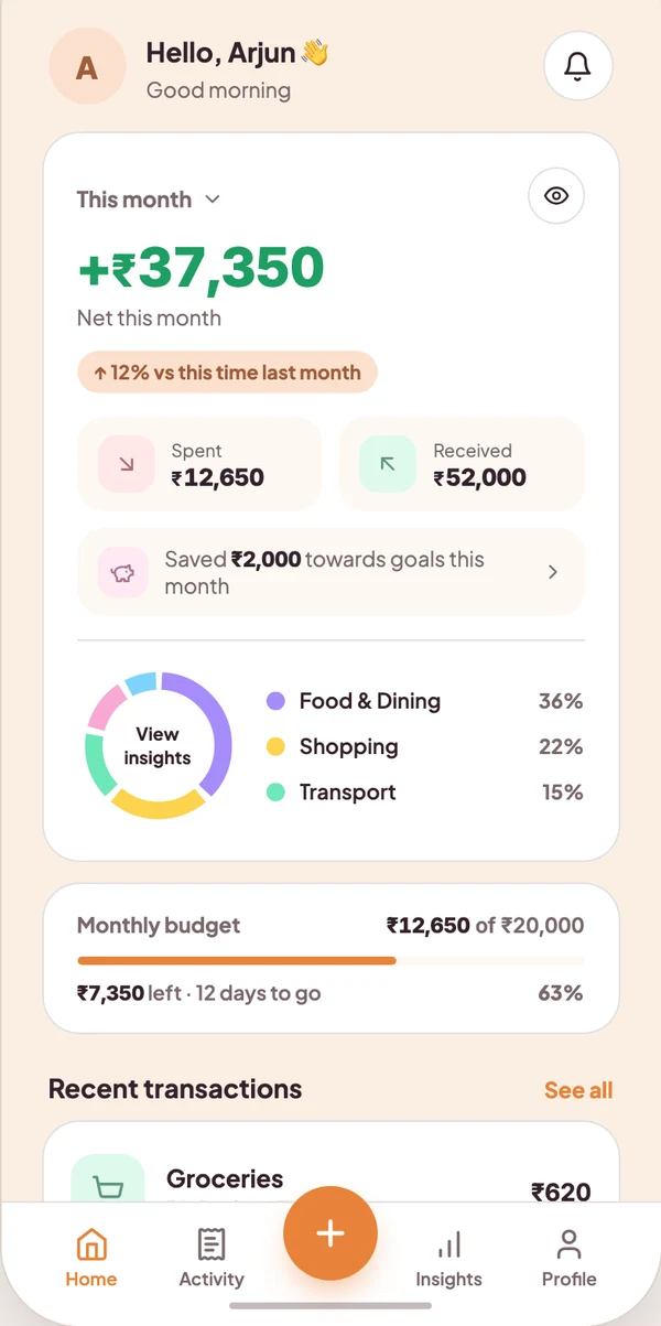 Vynko home screen showing this month's net balance, spending and budget in Indian rupees