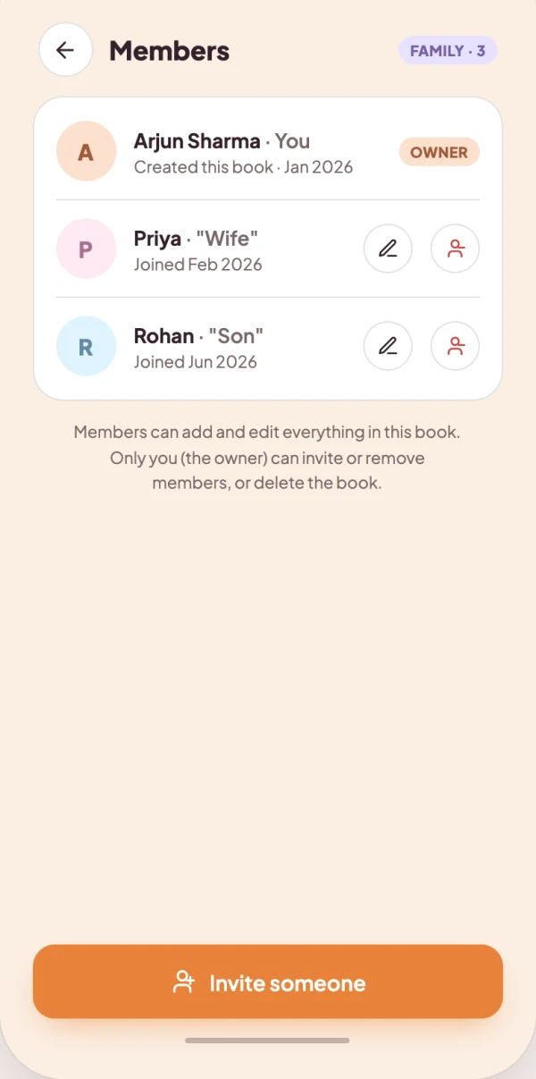 Vynko shared book screen showing household members and shared transactions